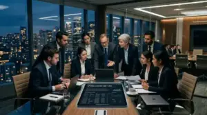 Legal team reviewing digital tablet